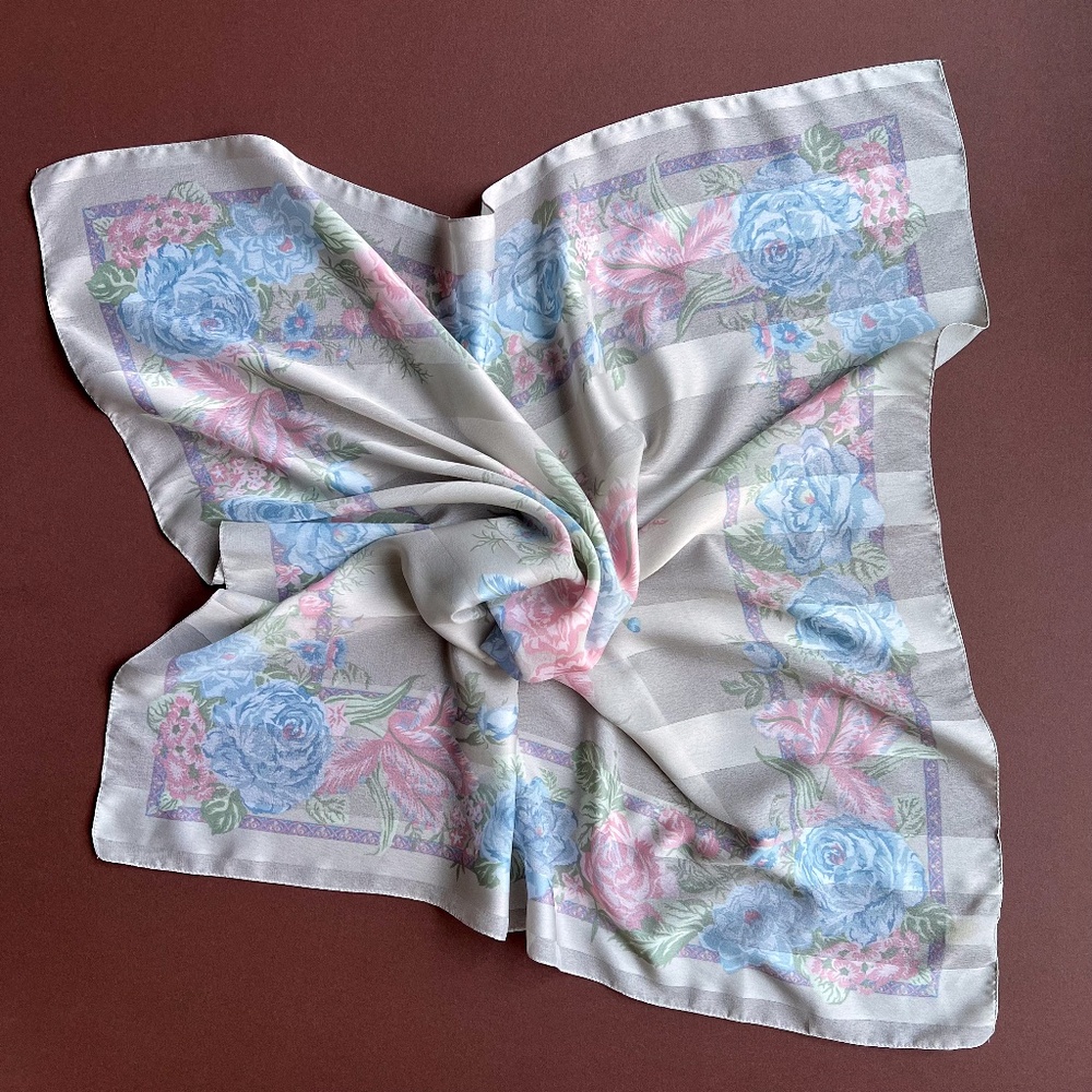 Vintage 1980s Pastel Roses Sheer Gray Scarf
